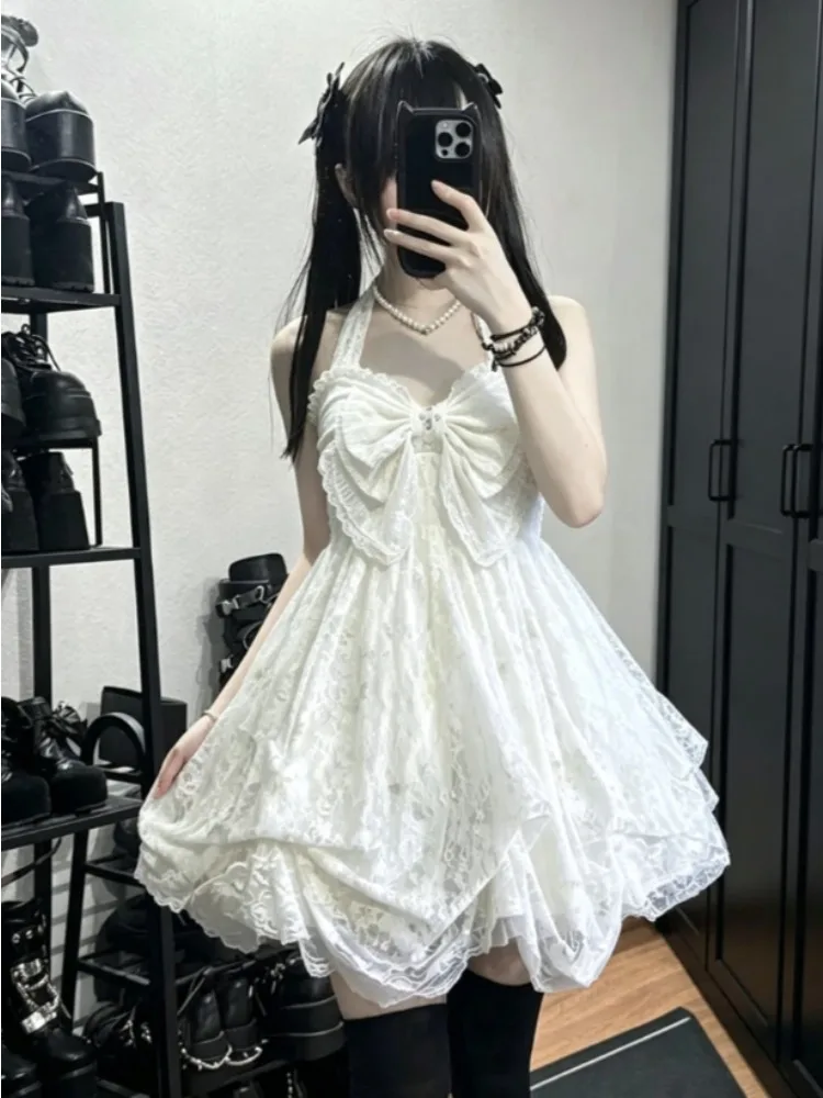 Japanisches Vintage Lolita-Kleid für Damen, süßes Spitzenkleid mit Schleifen und Rüschen, Harajuku Y2K Slim Bandage-Kleid, Sommer 2026, Alltagskleid für Frauen