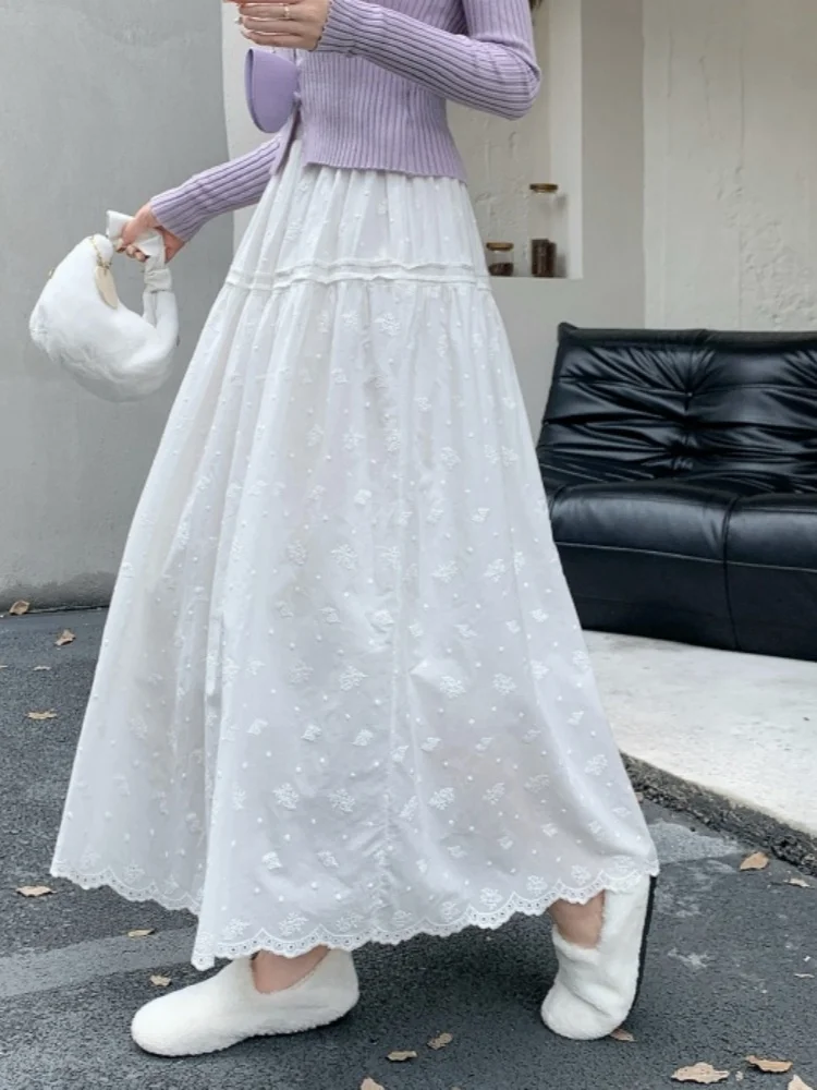 

SMTHMA New Autumn Winter Forest Women's Embroidery Flower Lace White Skirt High Waist Fairy Skirt A-line Long Skirt