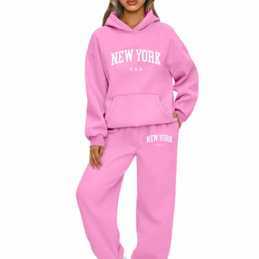 New York U.S.A City Hoodies Set Letter Graphic Print Men Woman Hoodie Set Sweatshirts Harajuku Pullover Unisex Tracksuit Set