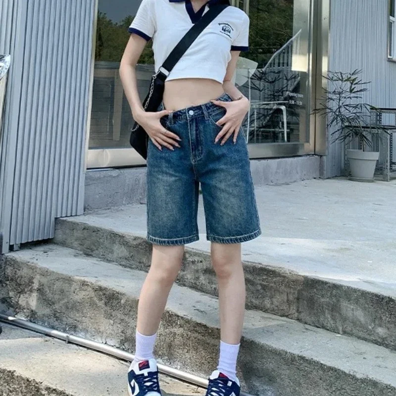 ポップ夏ルーズファムデニムショートパンツベルト付きショーツジーンズ女性だぶだぶのファッションストレートヴィンテージストリートデニムショーツウォメ