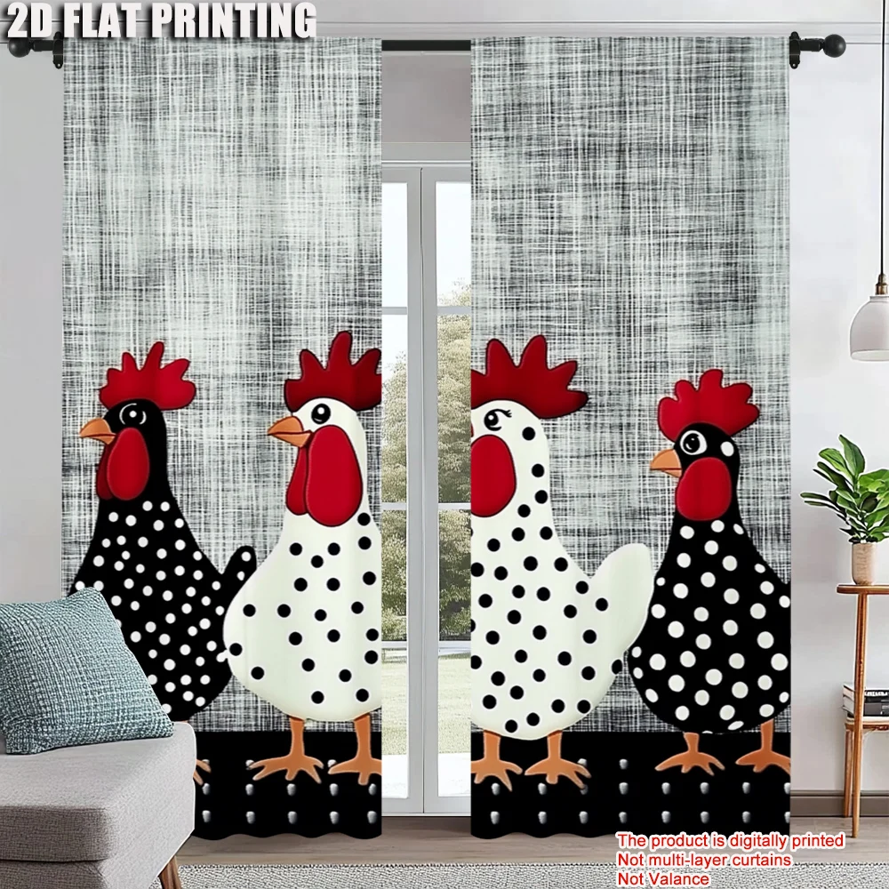 

2Pcs Country Style Chicken Pattern Window Curtains Retro Abstract Window Drapes Rod Pocket Design For Kitchen Living Room Office
