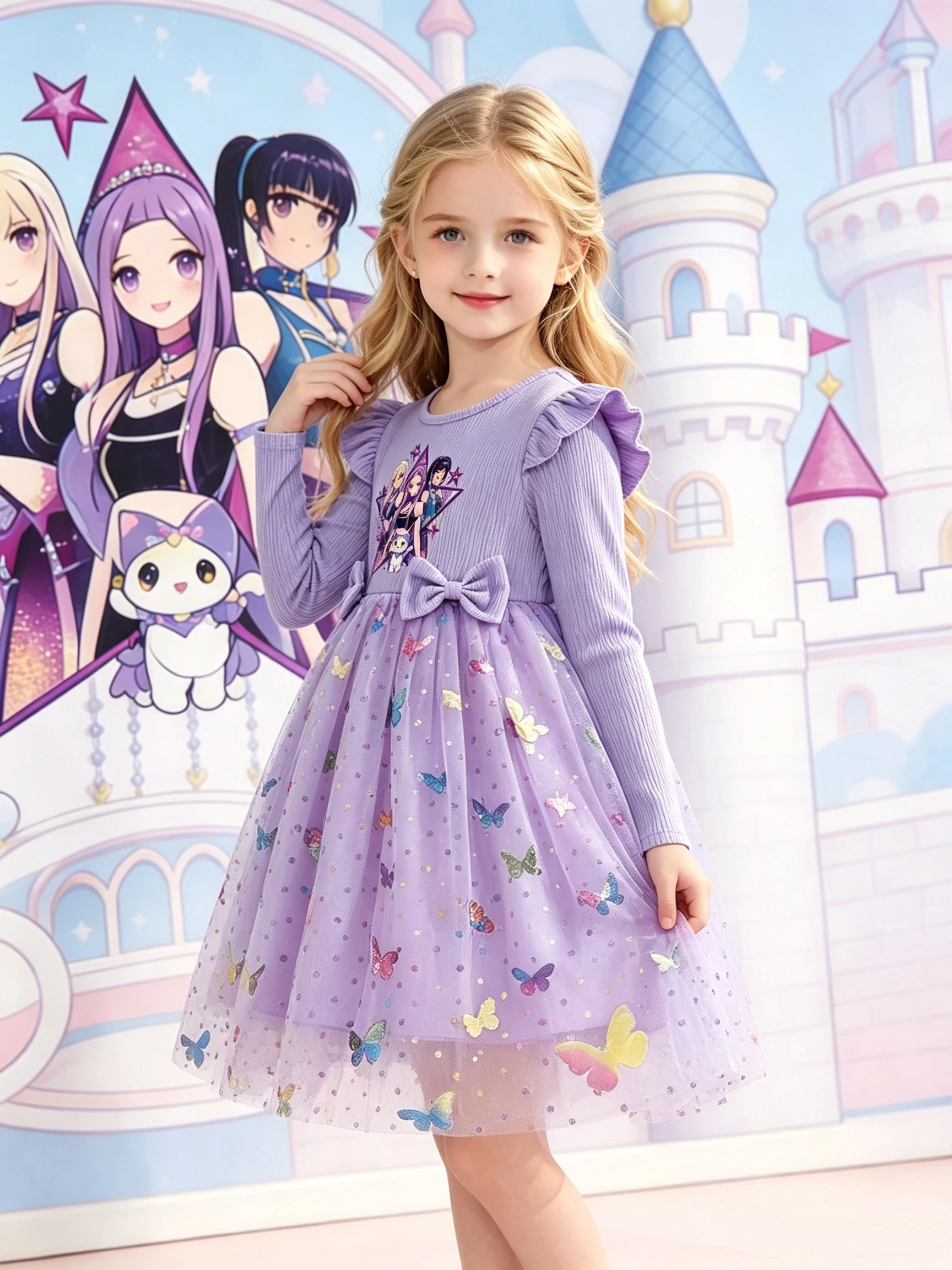 Herbstliches Cartoon-Kleid für Mädchen, langärmeliges Kleid mit Rippstrick, Tüllrock mit Pailletten-Schmetterling, süßes Prinzessinnenkleid für kleine Mädchen. – Detail 4