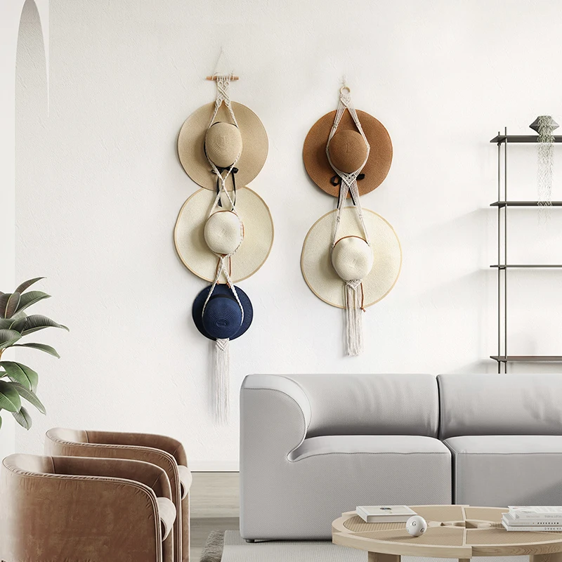 Bohemia Boho Cotton Rope Hanging Hat Display Rack Storage Cap Holder Organizer Scarf Hanger Macrame Tapestry Home Wall Decor