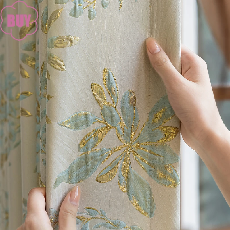 Customized Grey Green Relief Jacquard Gilding Thickened Curtains for Living Room Bedroom French Window Balcony Villa Finished