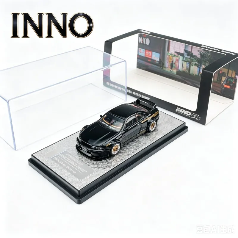 INNO 1:64 Nissan GTR BCNR33 Rocket Rabbit painted black alloy car model, adult collectible, simulation ornament, boys' toy.