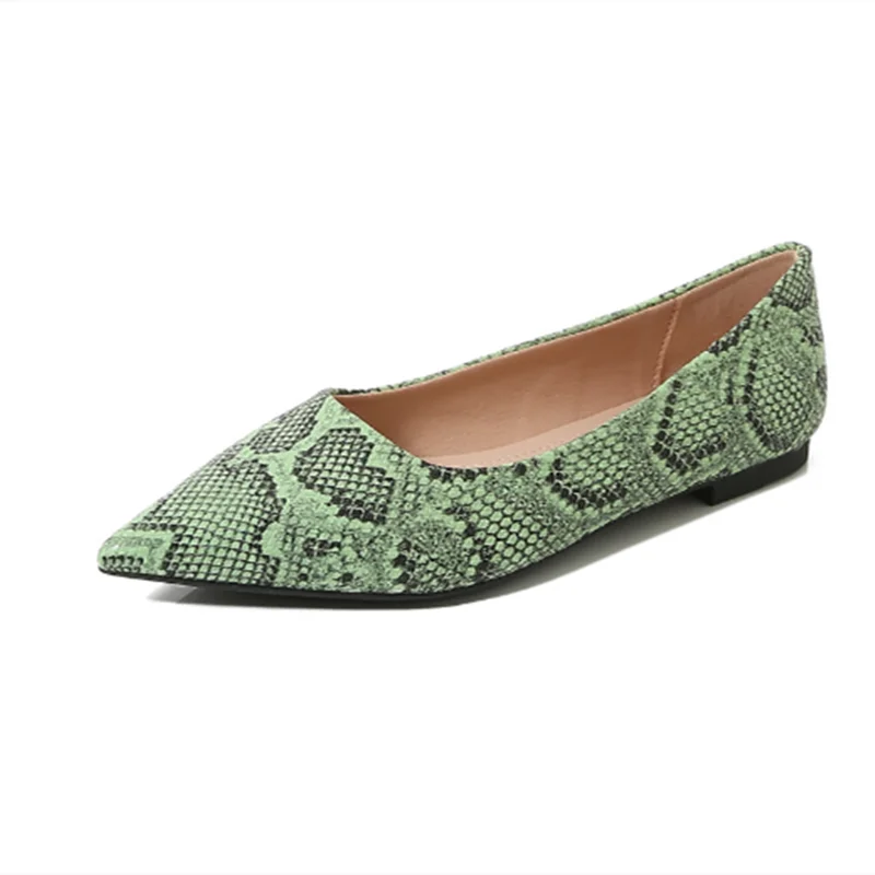 Women Plus Size Ballerina Snake Texture Novelty Flats Slip-Ons Pointed Toe Daily Moccasine Green Brown Ballet Shoes EU34-42 26cm