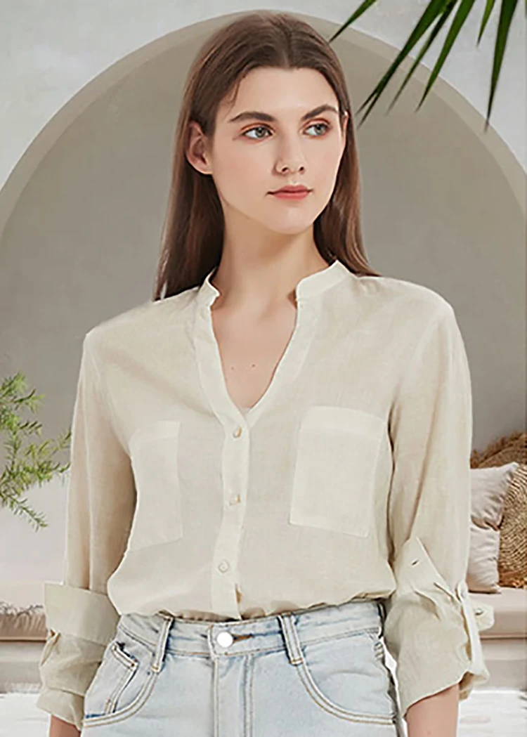 

Giolshon Women Blouse Loose Cotton Linen Buttons V Neck Solid Long Shirt Ladies Summer Sun Protection Casual Tops Blusas Mujer