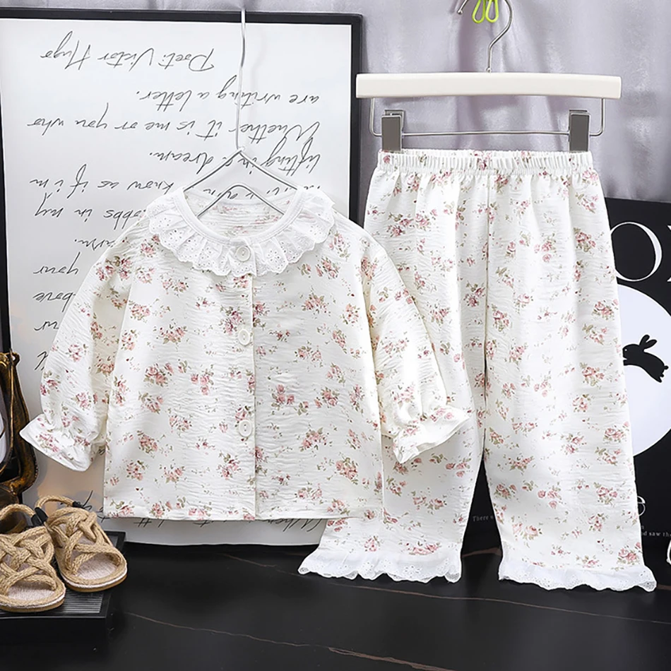 

2 Pcs Summer Fall Children's Air Conditioning Clothes Set Spring New Loose Thin Pajama Lace Pants Girls' Print Home Clothes Sets