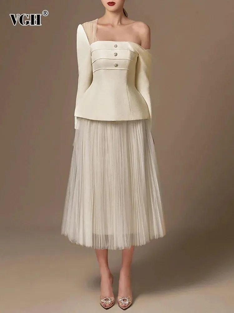 Vgh Effen Tweedelige Set Voor Vrouwen Diagonale Kraag Lange Mouw Gesplitst Knoopsluiting Top Hoge Taille Een Lijn Rok Temperament Sets Vrouw