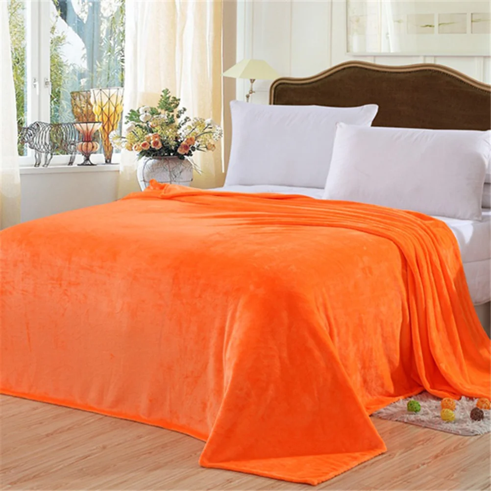 

Warm Solid Color Fleece Blanket Heavy Duty Stitched Flannel Bedding for Indoor Outdoor Use Lightweight Comfortable Orange