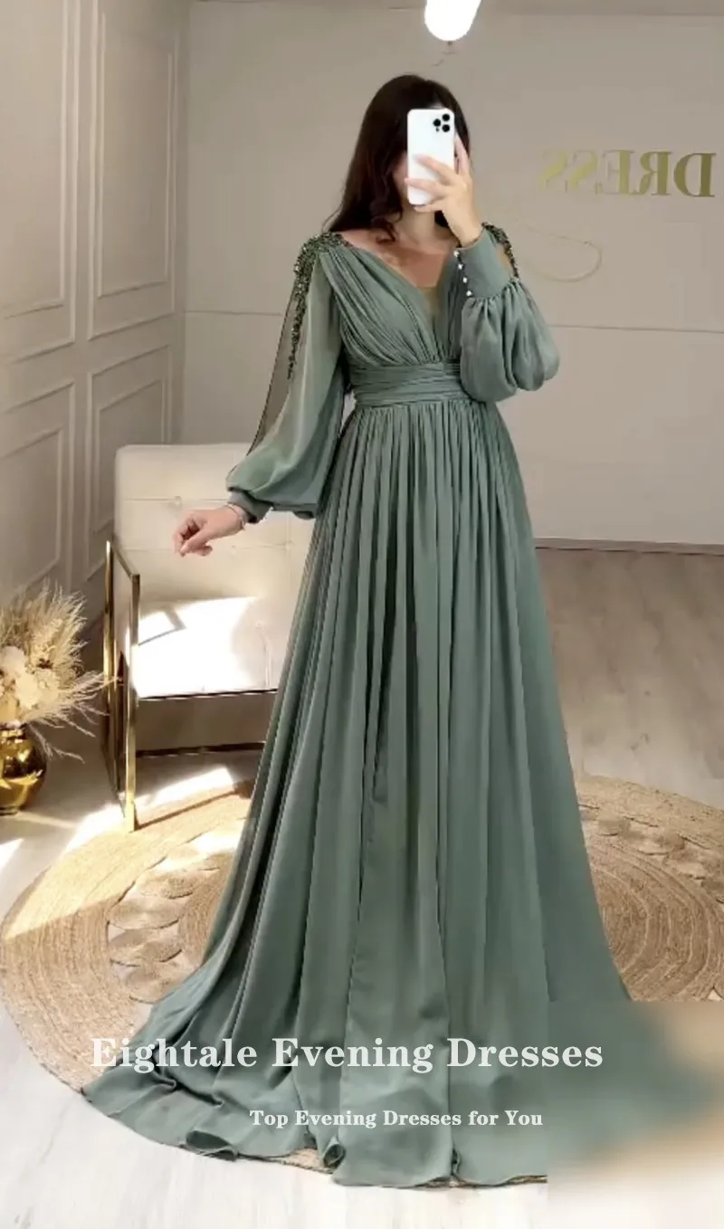 Eightale Grass Green Evening Dress for Wedding Party Customized Appliques Chiffon Beaded Long Sleeves Pleats Arabic Prom Gowns