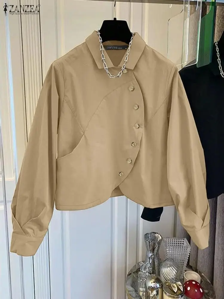 ZANZEA Camicia a maniche lunghe con collo risvolto da donna alla moda 2025 Camicetta autunnale Elegante camicetta da lavoro OL solida Top da ufficio irregolari Oversize