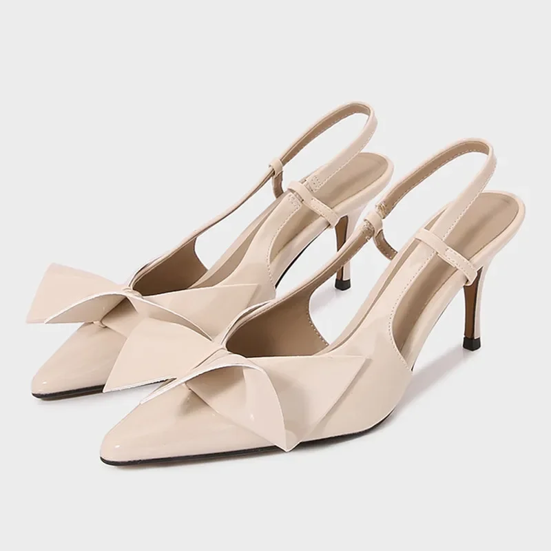 

Элегантные босоножки на высоком каблуке из лакированной кожи с бантом, пикантные бежевые туфли-лодочки с острым носком, модная брендовая офисная женская обувь
