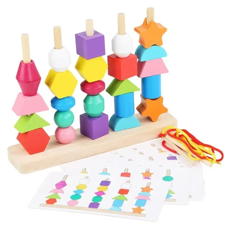 Montessori Wooden Toys Color Shape Matching Puzzle Game Colorful Beaded Color Cognition Early Educational Toys Gift for Children