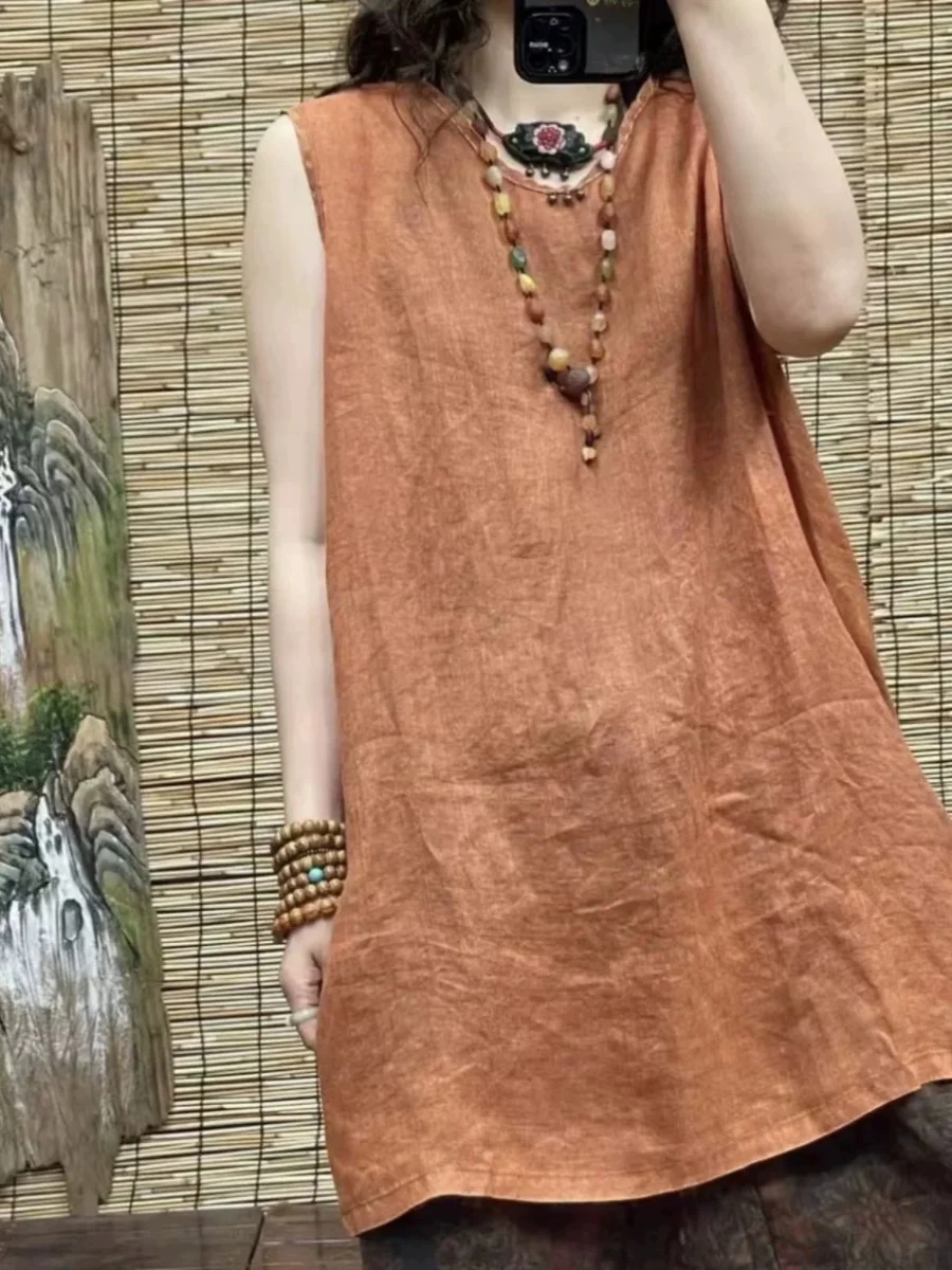 

Летний свободный крой из хлопка и льна, женский топ в стиле дзен, средней длины, бальный топ, винтажная повседневная одежда