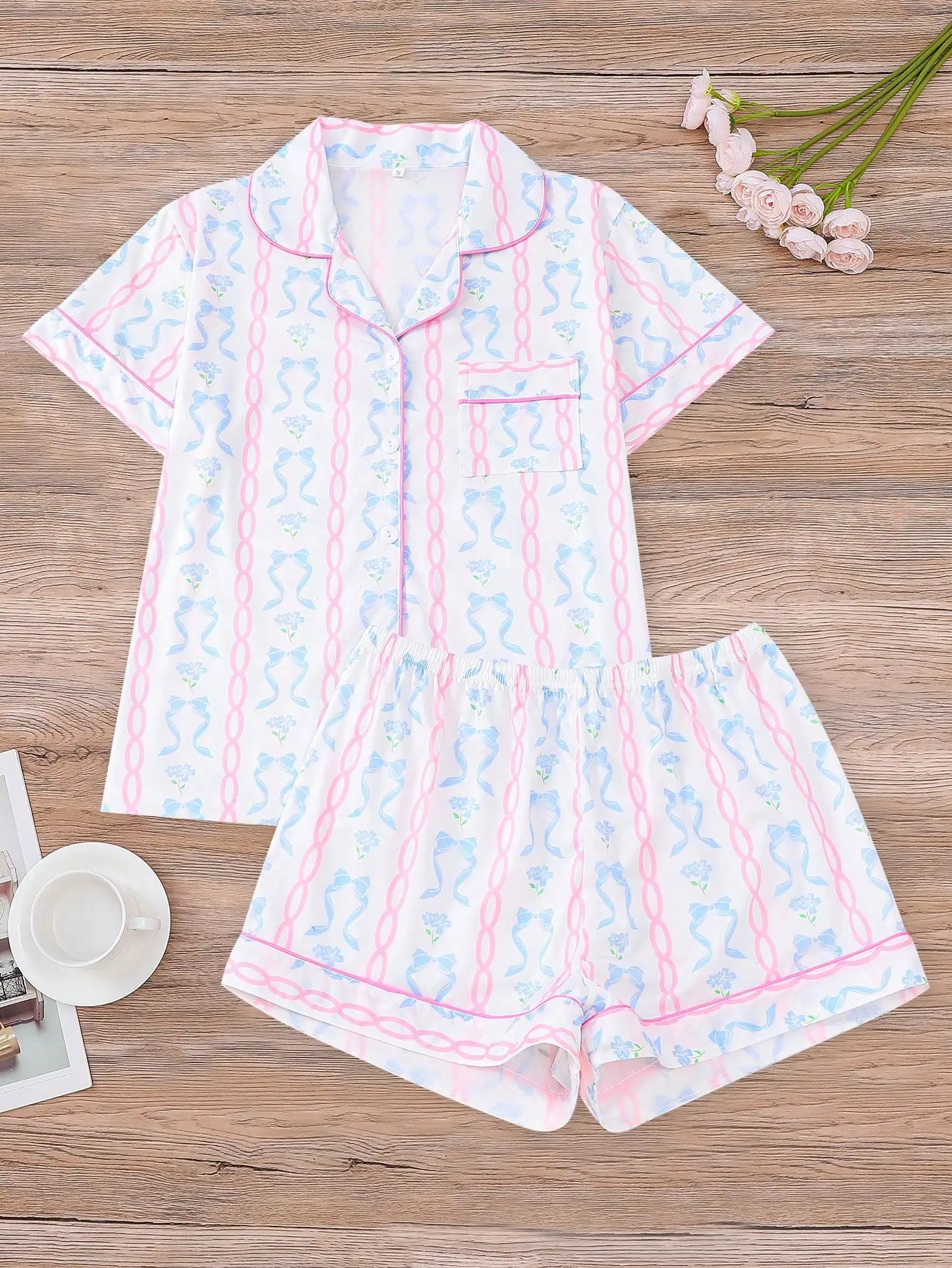 

Женский пижамный комплект из 2 предметов с короткими рукавами, бантом и цветочным принтом, свободный крой, смесовая хлопковая ткань