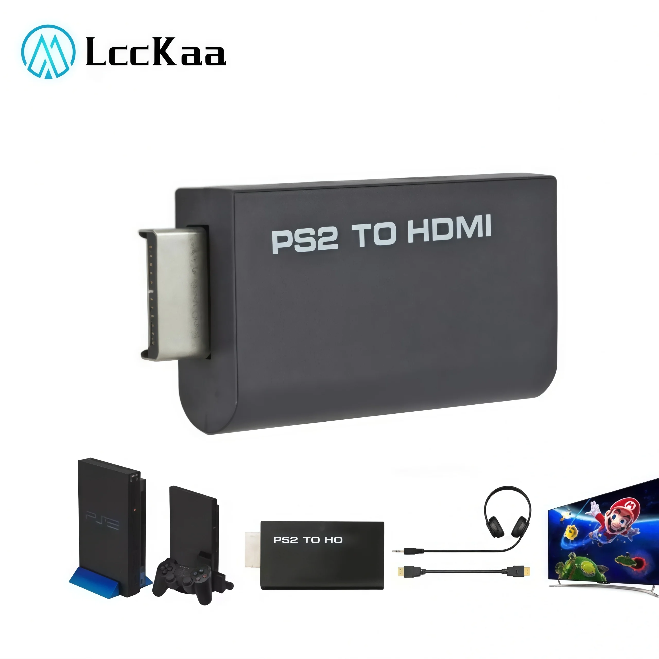 LccKaa Adaptador convertidor de audio y vídeo compatible con PS2 a HDMI 480i/480p/576i con salida de audio de 3,5 mm para todos los modos de visualización de PS2