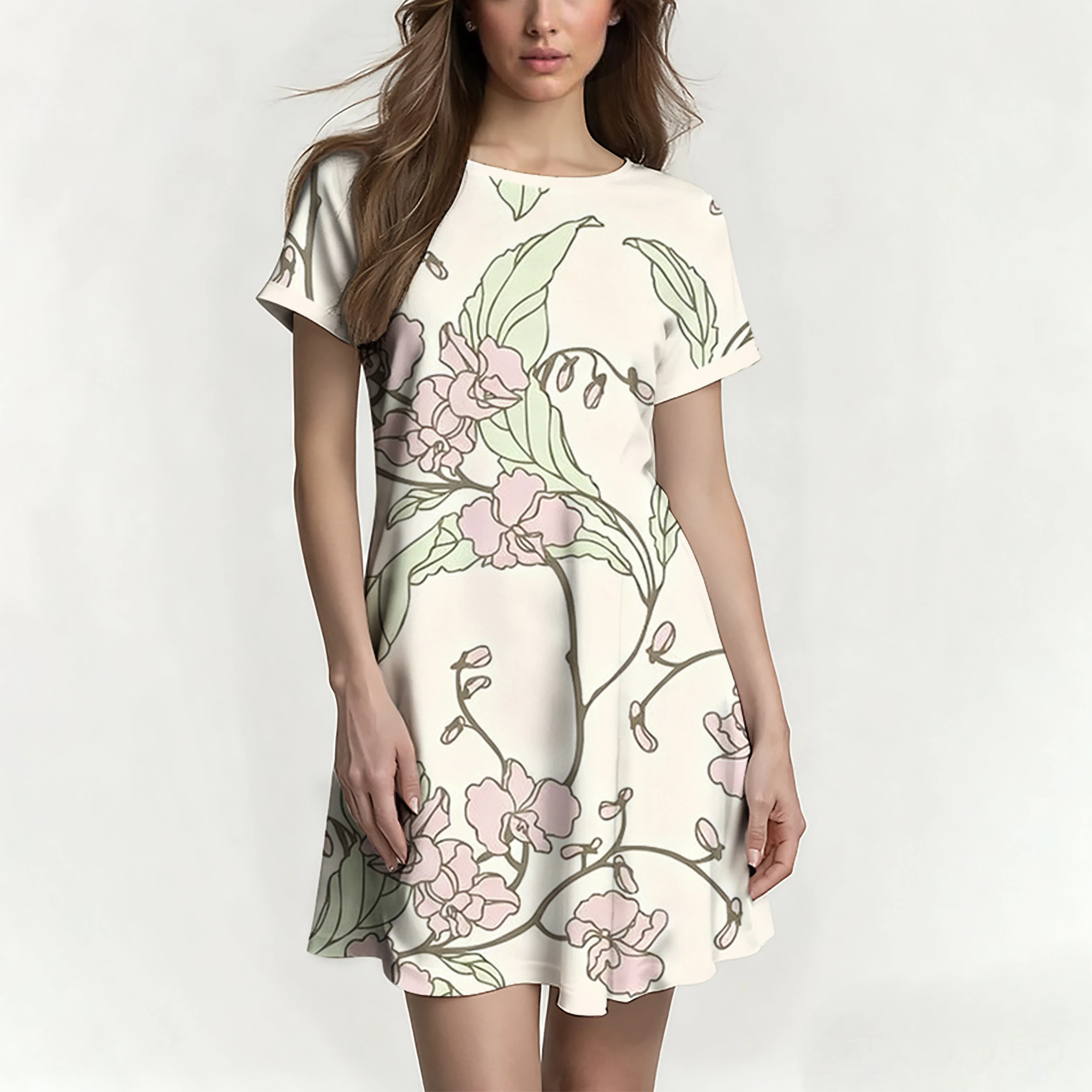 Letnia sukienka damska o kroju litery A z okrągłym dekoltem i rękawami raglanowymi, damska krótka spódnica z nadrukiem, codzienna, wygodna i stylowa.