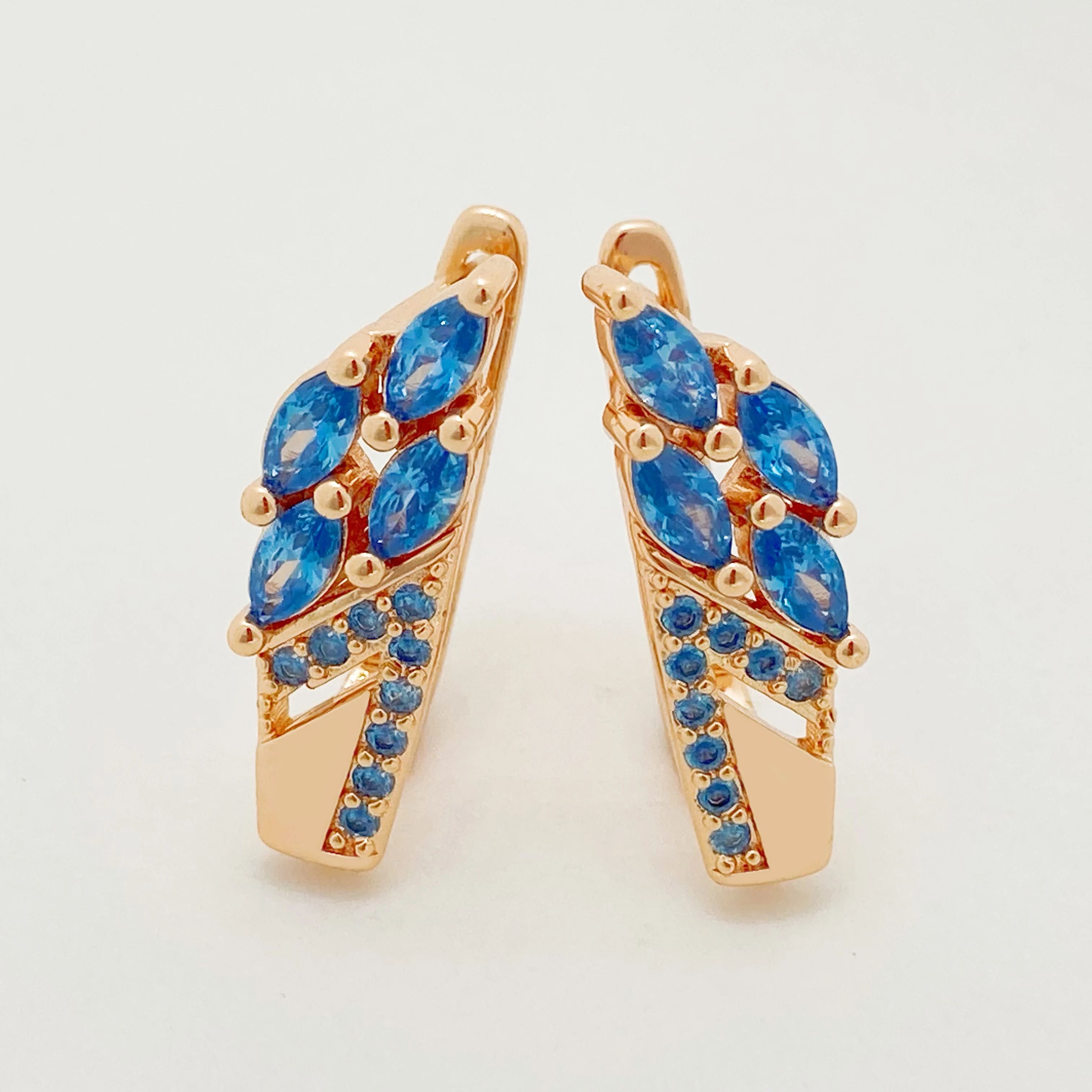 New Unusual 585 Rose Gold Leaf Clip Drop Earrings Sky Blue Natural Zircon Inlay Exclusive Women Elegant Fine Wedding Jewelry