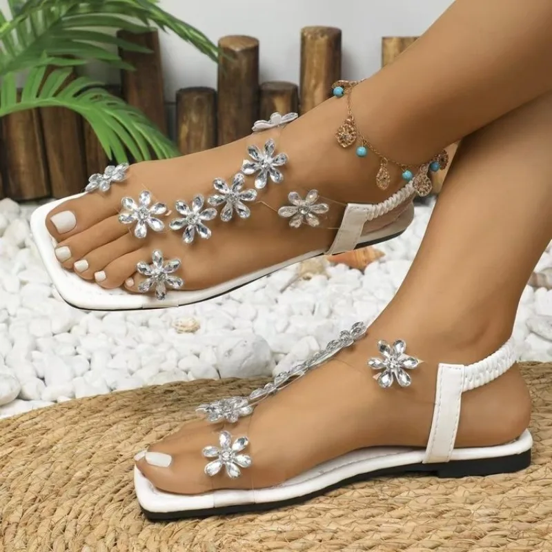 

Женские сандалии на плоской подошве с квадратным носком, модная обувь с цветочным декором, пляжные туфли для отдыха на природе