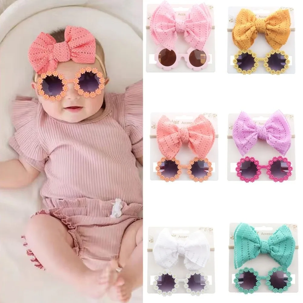 

2pcs/set Soft Elastic Children Bowknot Headband Wide Solid Color Baby Bows Turban Cotton Kids Sunglasses Set Photography Prop