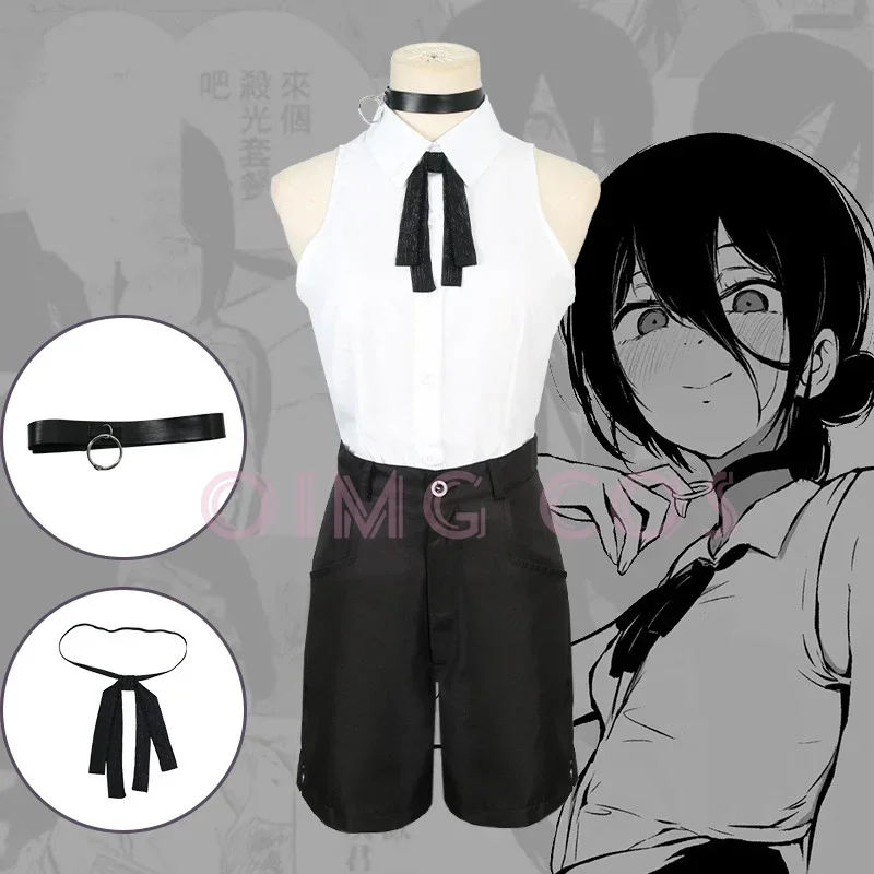 Reze-Disfraz de motosierra para hombre, traje azul, camisa, corbata, anillo de cuello corto, uniforme de Anime para Halloween