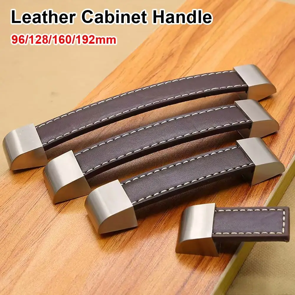 1Pcs Brown Soft Leather Leather Cabinet Handle Single Hole 96/128/160/192mm Pitch Drawer Pull Zinc Alloy Door Handle Knob