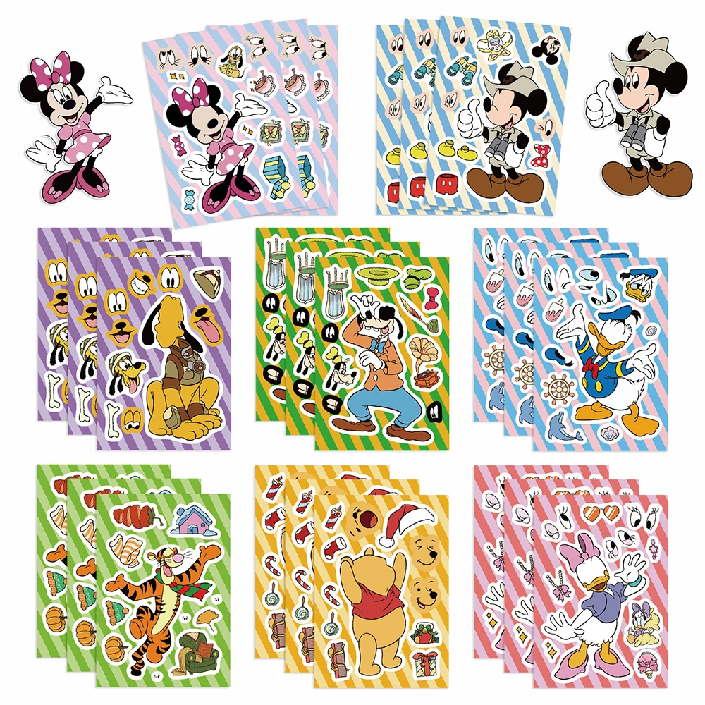 

8/16Sheets Disney Mickey Mouse Donald Duck Puzzle Stickers Make a Face Kids Assemble Jigsaw Toys Children Funny Game Party Gift