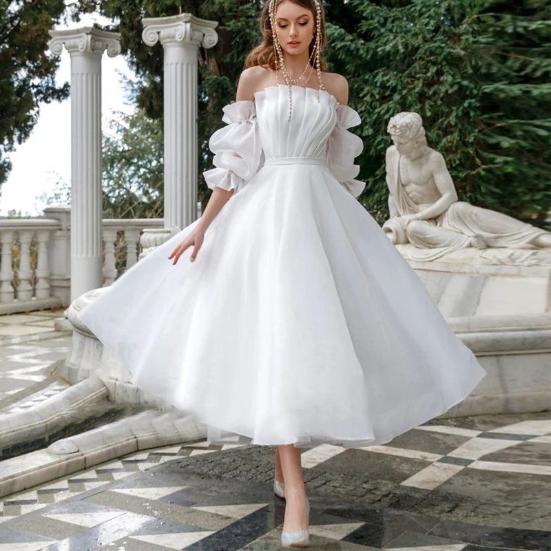 

Short Organza Knee Length Wedding Dresses Removable Puff Sleeves Ruffles Strapless Lace Up Back Brides Robe De Mariee