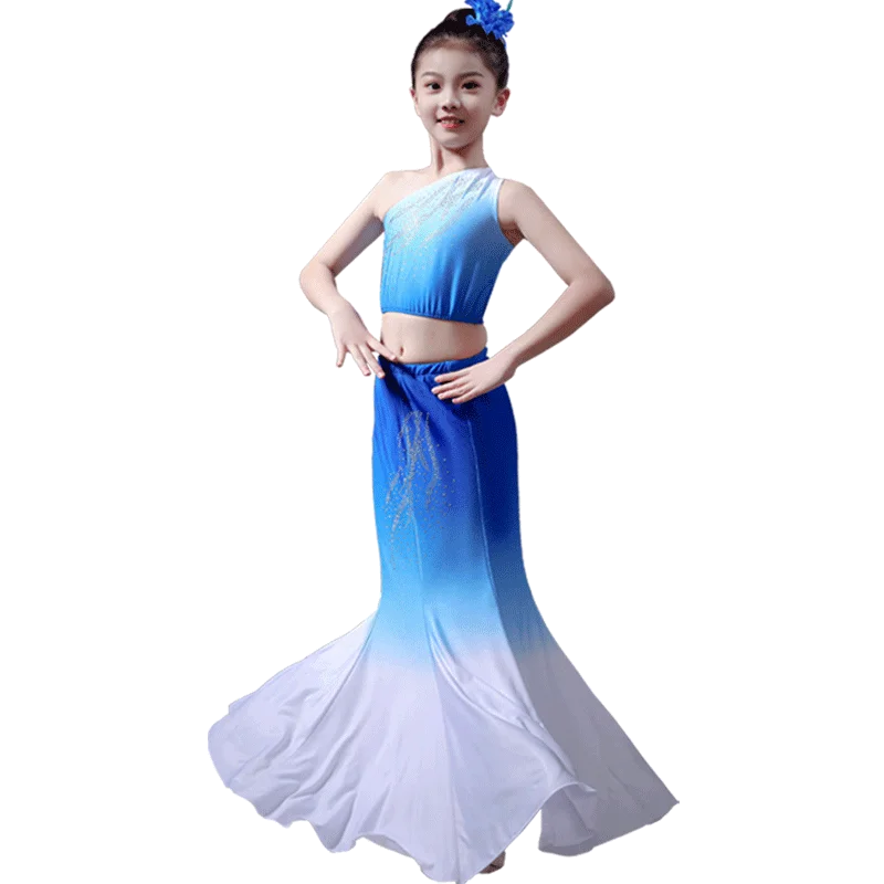 Child Dai Dance Costume Girls Peacock Fishtail Dress Performance Costume Kids Minority National Hmong Peacock Dancer Clothing