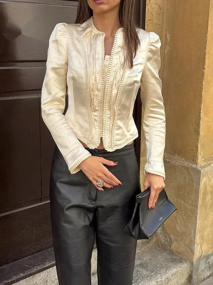 French Court Satin Classy Blouse Pleated Puff Sleeve Slim Chic Cropped Jacket  Autumn Office Lady Daily Women Coat