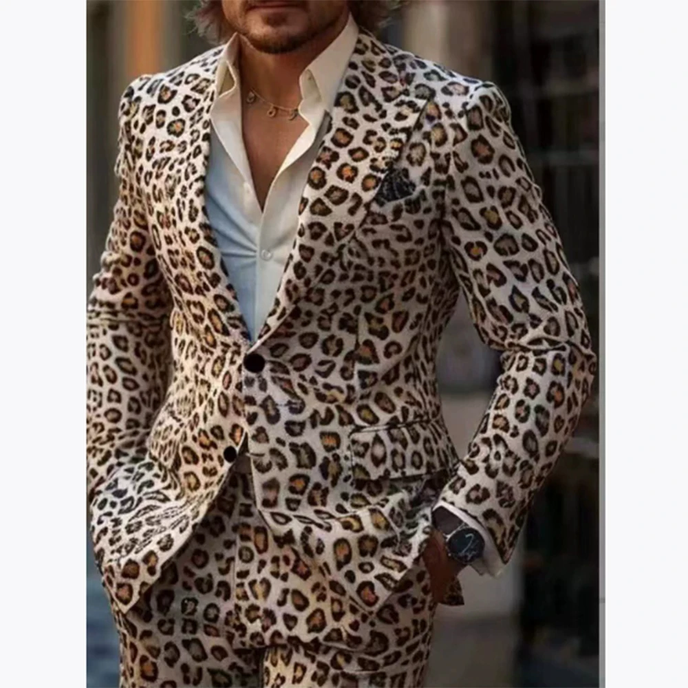 

Leopard Print Men Suits 2 Pieces Jacket Pants High Quality Single Breasted Peak Lapel Customize Outfits Banquet Male Clothing