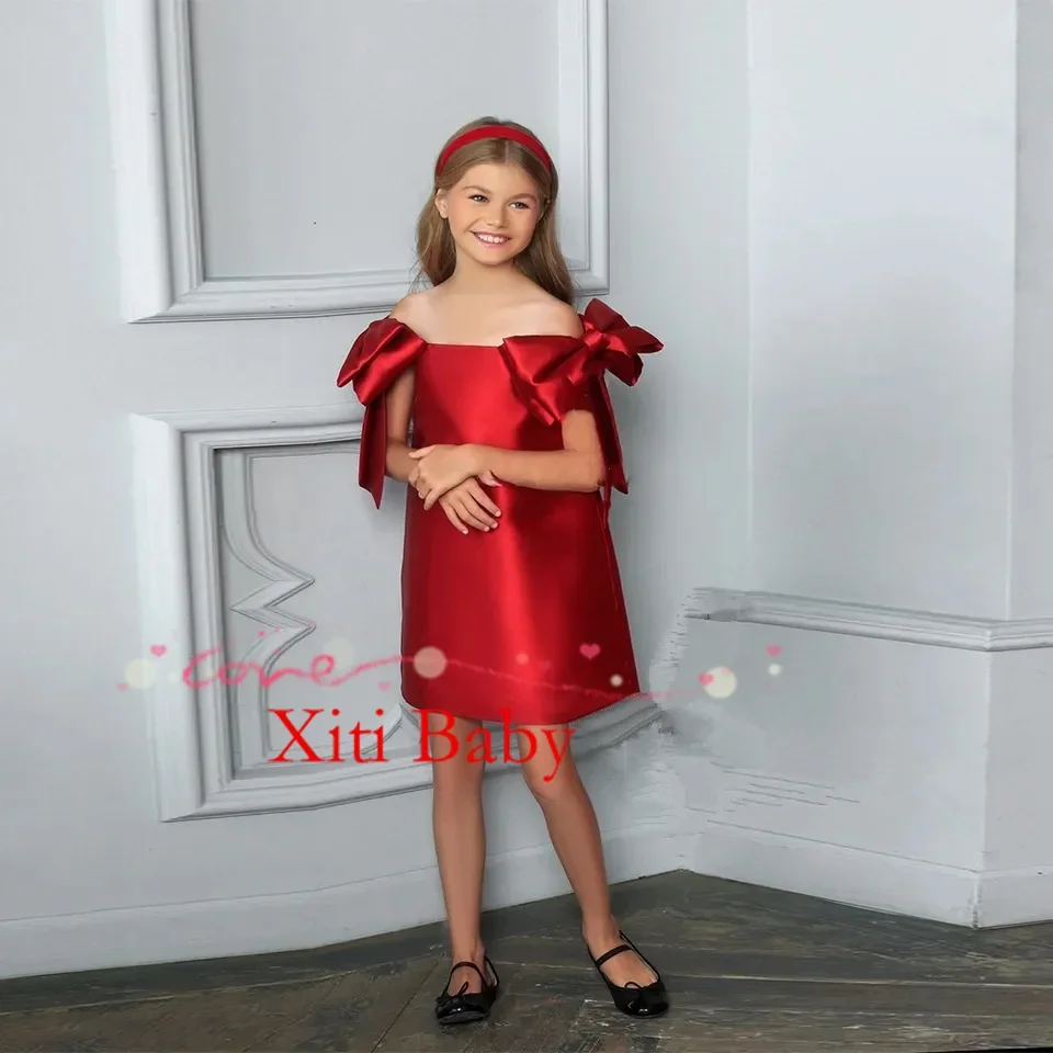 

Red Sleeveless Flower Girl Dresses for Girls 2024 Summer Satin Bowtie Cute Dance Wedding Party Gowns فساتين اطفال للعيد