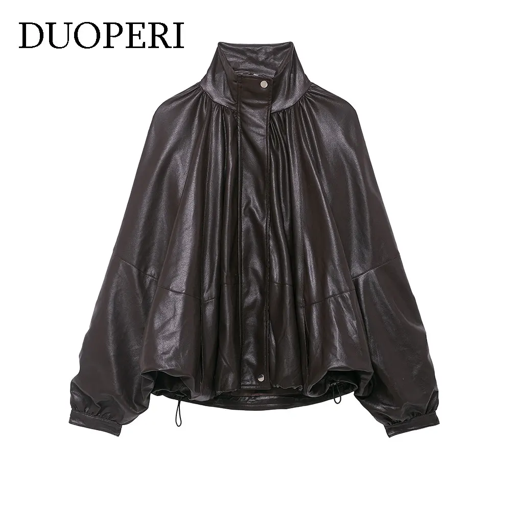 เสื้อแจ็คเก็ตบอมเบอร์ผู้หญิงแฟชั่น PU สีน้ำตาล จีบระบาย คอสูง แขนยาว สไตล์ลำลอง สวยสง่า ทันสมัย