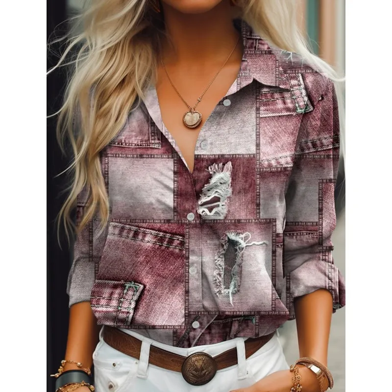 2023 Women\'s Vintage Autumn Blouses New Feshion Long Sleeve Imitation Denim Print Patchwork Casual Women Shirt 5xl Top Clothing