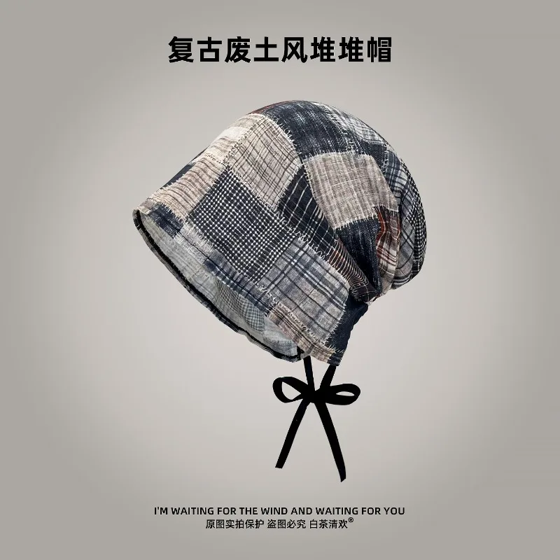

Vintage Personality Patch Contrast Color Plaid Strap Pullover HatS Women Summer Autumn Travel Casual Versatile Casual Beanies