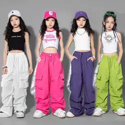 5-14Y Kids Hip Hop Joggers Pants Girls Cargo Pants Teenage Straight Trousers High Waist Vintage Casual Streetwear Baggy Pants