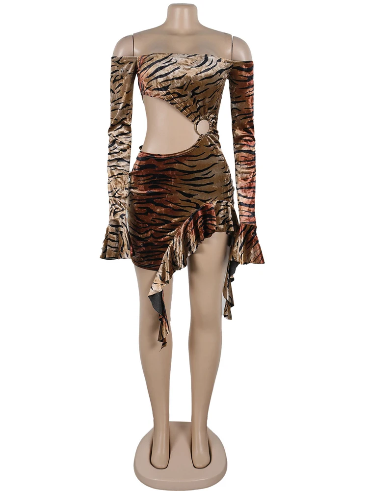 Beyprern Beautiful Tiger Printed Lined Ruffles Mini Dress Wild Animal Print Cut-Out Night Club Dresses Sexy Clubwear Robes