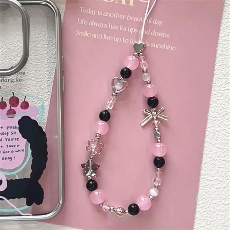 

Корейская цепочка для телефона Y2K с милым бантом в форме сердца и розовыми жемчужинами, украшенная бусинами, подвесная веревка для камеры iPhone, веревка с защитой от потери, подвесные украшения