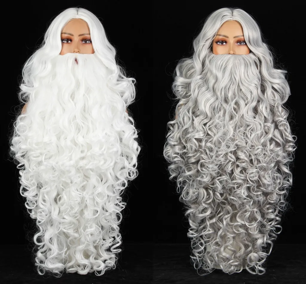 

75cn/30Inch Christmas Santa Claus Beard Wig Synthetic Hair Short Cosplay Men Wizard White Gray Hairpiece Accessories