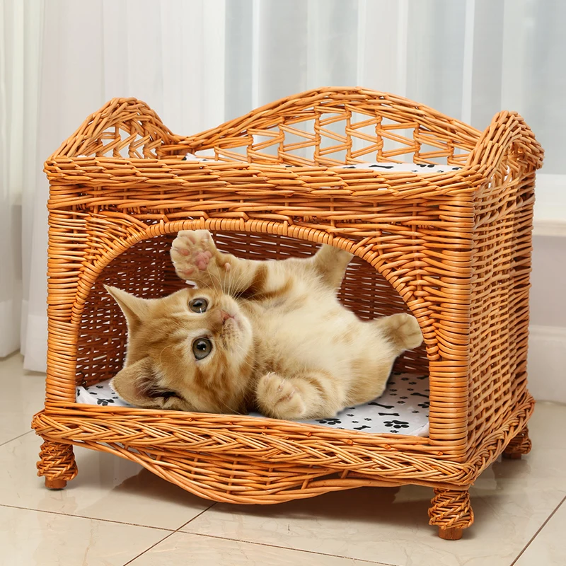 High-end cat nest villa rattan double-layer house summer short hair medium and small dog pet nest removable and washable