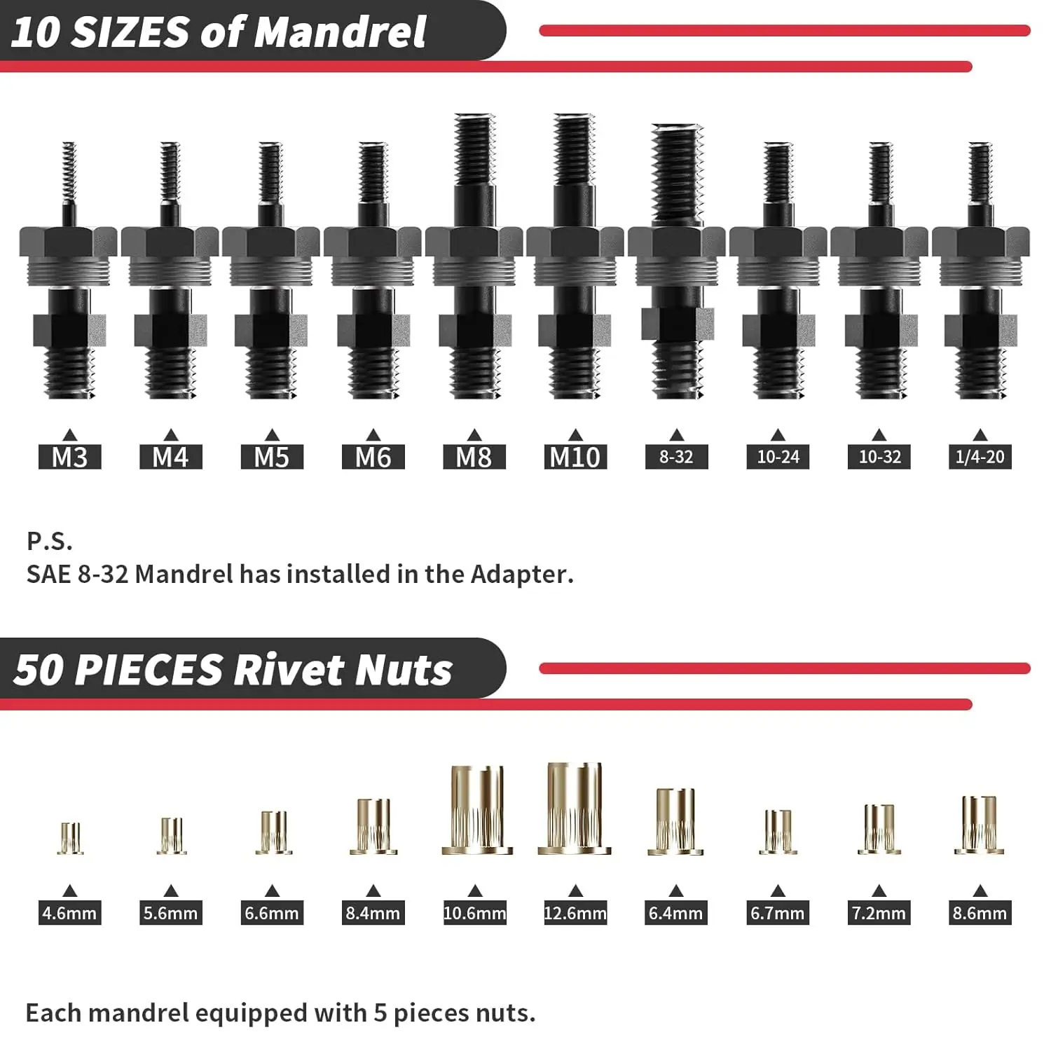 Cordless Drill Rivet Nut Adapter Kit with 10 Mandrels and 50 Assorted Nuts in Rugged Case