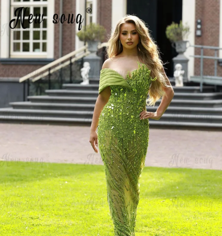 Solid Green Beading Party Dress Off Shoulder Mermaid Luxury Wedding Guest Gowns For Women Special Occasion Dress Birthday Gown