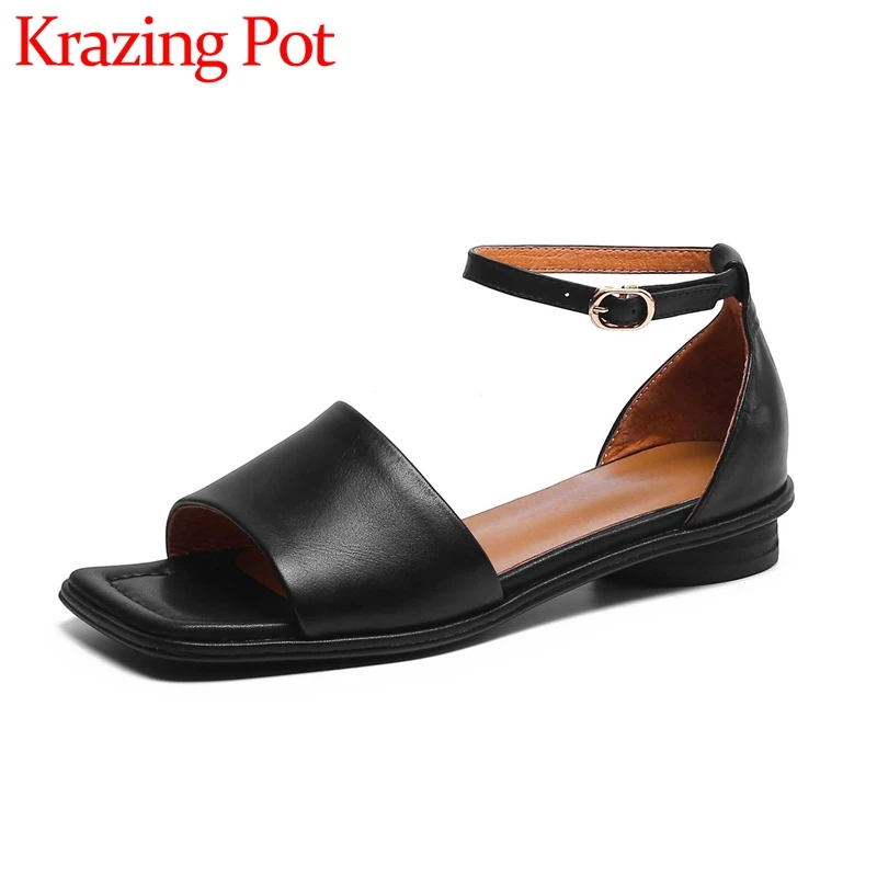 

Krazing Pot Genuine Leather Peep Toe Low Heel Summer Shoes Young Lady Daily Wear Buckle Strap Solid Leisure Women Sandals L11