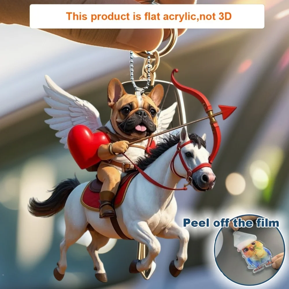 

French Bulldog with Arrow of Love&horse Pendant Keychain,Cute Puppy 2D Flat Acrylic Hanging Charm,Decor for Car,Bag,Festive,Gift