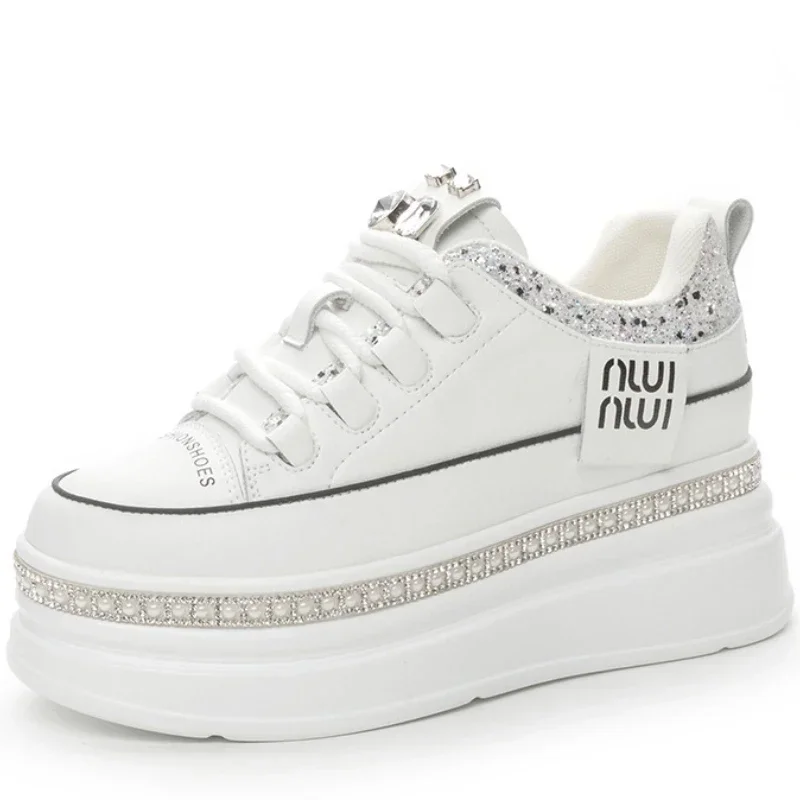 

2025 Top quality 7cm Genuine Leather Women Platform Wedge Autumn Spring Hidden Heels Women Vulcanized Bling Sneaker Casual Shoes