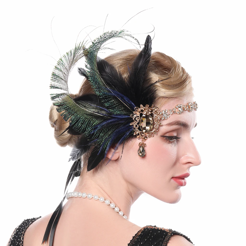 

Vintage Woman Elastic Feather Headband Shiny Crystal Rhinestone Teal Feather 1920s Gatsby Charleston Party Forehead Decorations