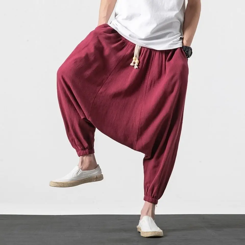 M-5XL Cotton Linen Cross Pants Men Retro Black Wine Red Radish Trousers Chic Ins Trend Streetwear Night Club Distinct Patalon