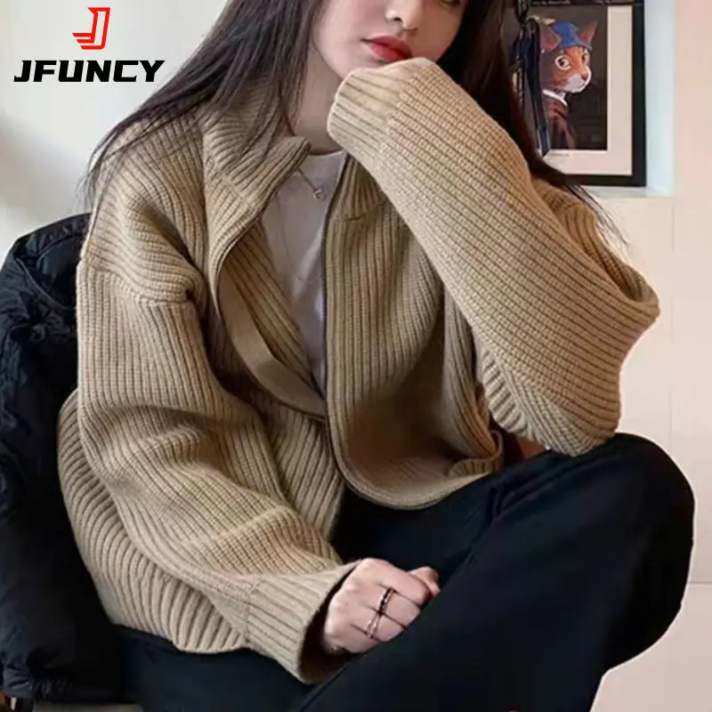 

JFUNCY Vintage Women's Knitted Cardigan Jacket 2022 Autumn Winter Zipper Tops Women Long Sleeve Kint Coat Fashion Female Sweater