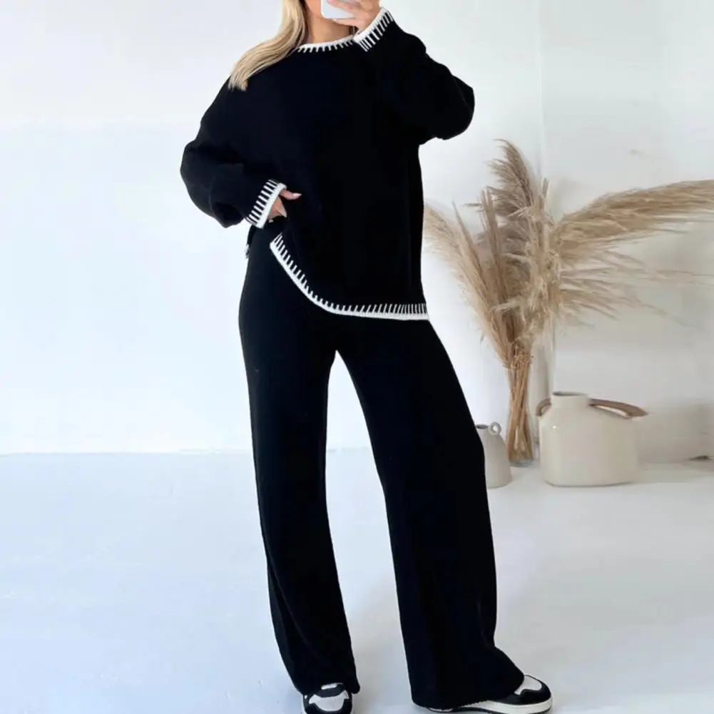 

Long-sleeve Top Wide-leg Trousers Striped Knit Sweater Wide Leg Pants Set for Women Cozy Lounge Wear Tracksuits for Autumn